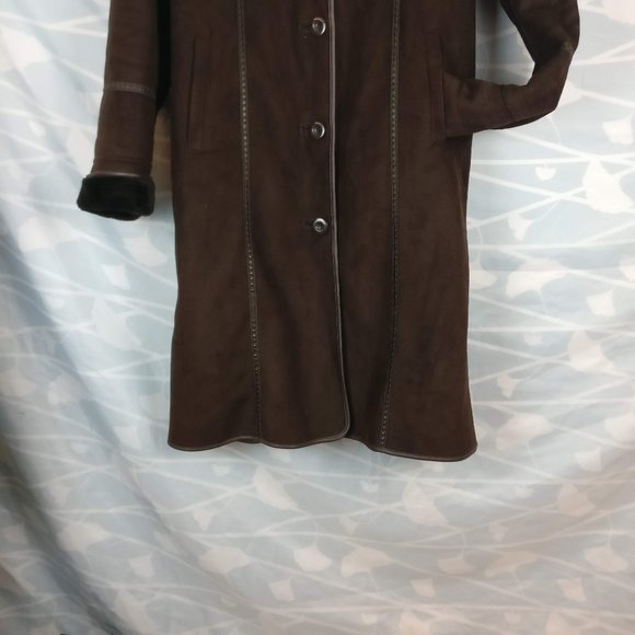 Hooded Natural Suede Full Long Coat with pleather trims and pockets, Brown sz.14 - Picture 3 of 12